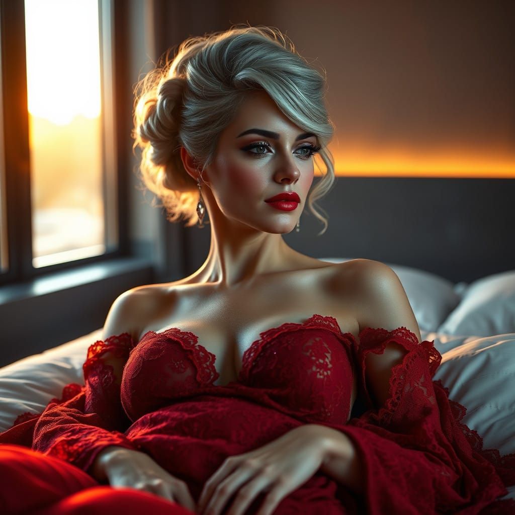 Elegant Red-Laced Enchantress in Golden Light