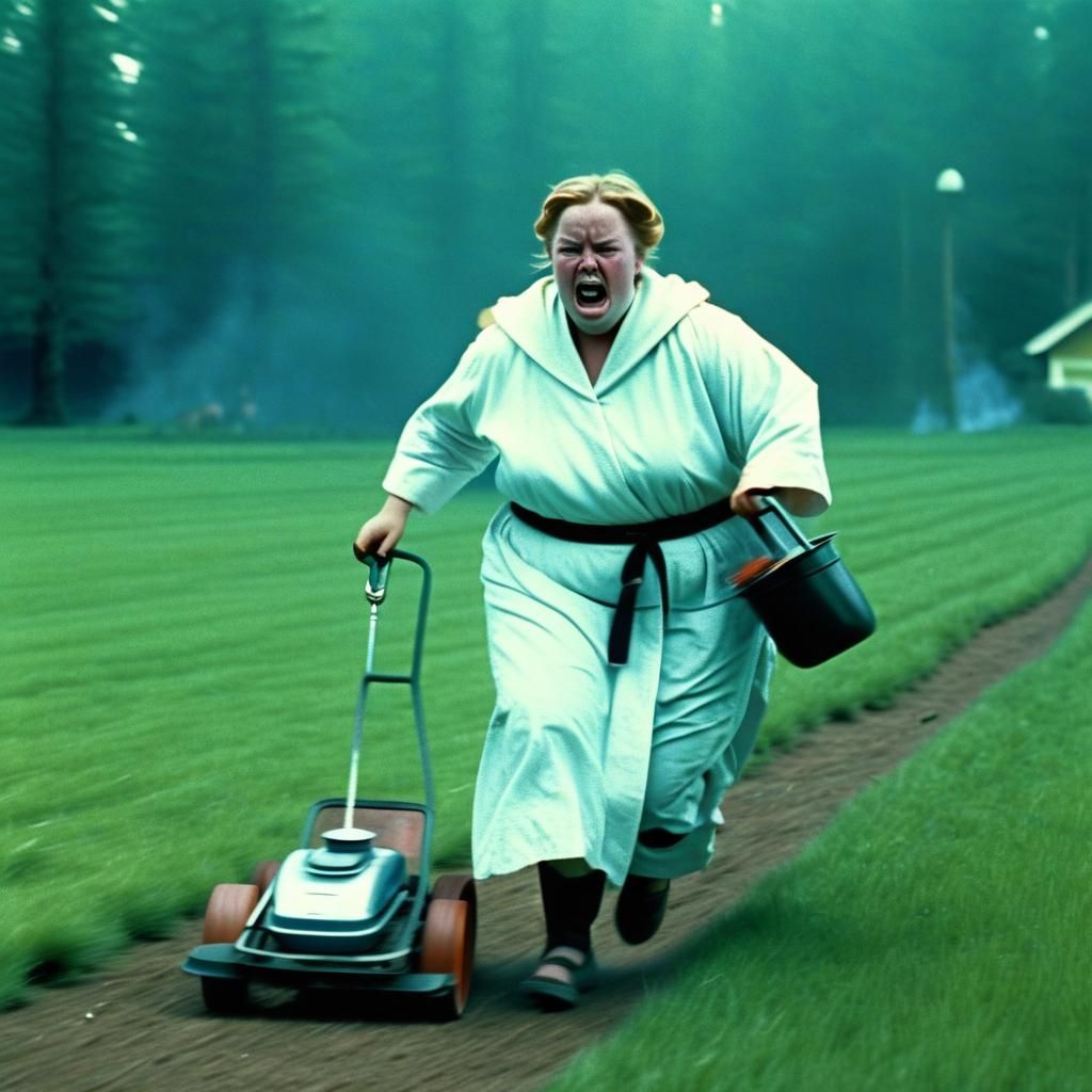Overweight Woman in Robes Running Wild: Cinematic Still