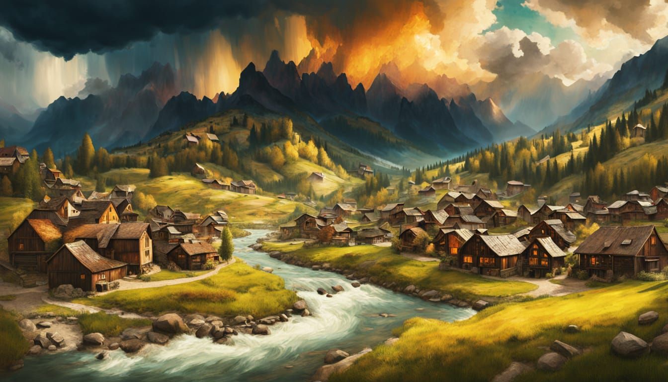 Rustic Mountain Town in Painterly Style