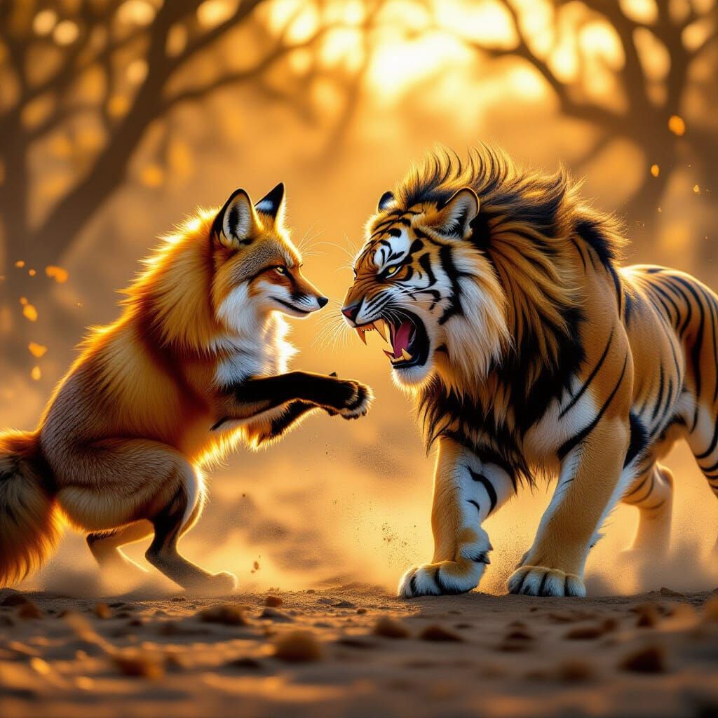 Fox-Lion Hybrid Battles Wolf-Tiger Beast in Digital Painting