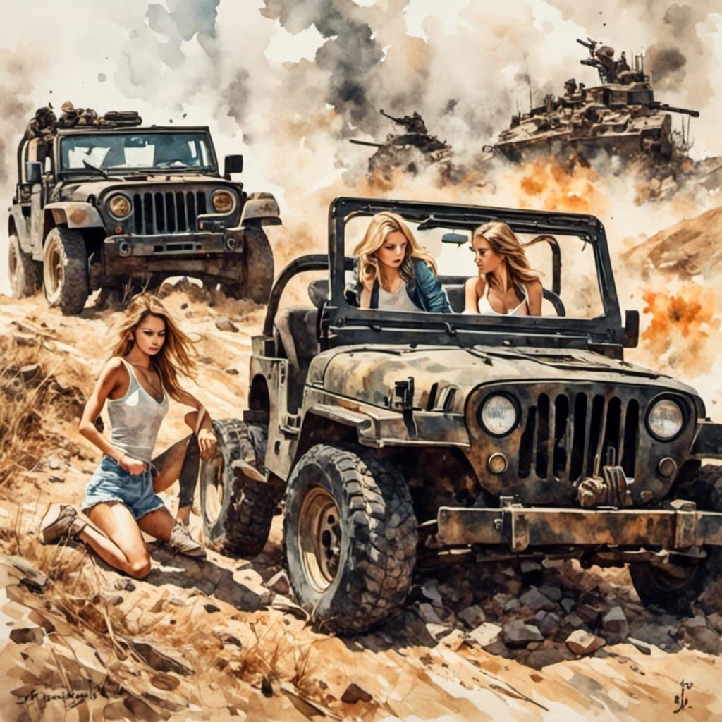 Action Movie Scene with Two Women, Antique Watercolor