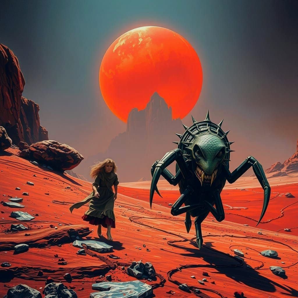 Ominous Proxima Centauri B Hunter in Vintage Sci-Fi Oil Pain...