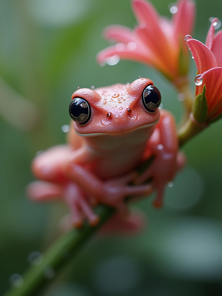 Cute Pink Frog on Dewy Flower