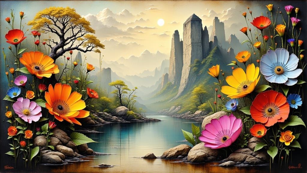 Surreal Fantasy Landscape with Vibrant Flowers and Shimmerin...