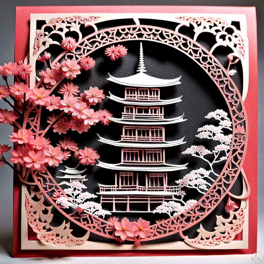 Ginkaku-ji and Sakura in Paper Art Style