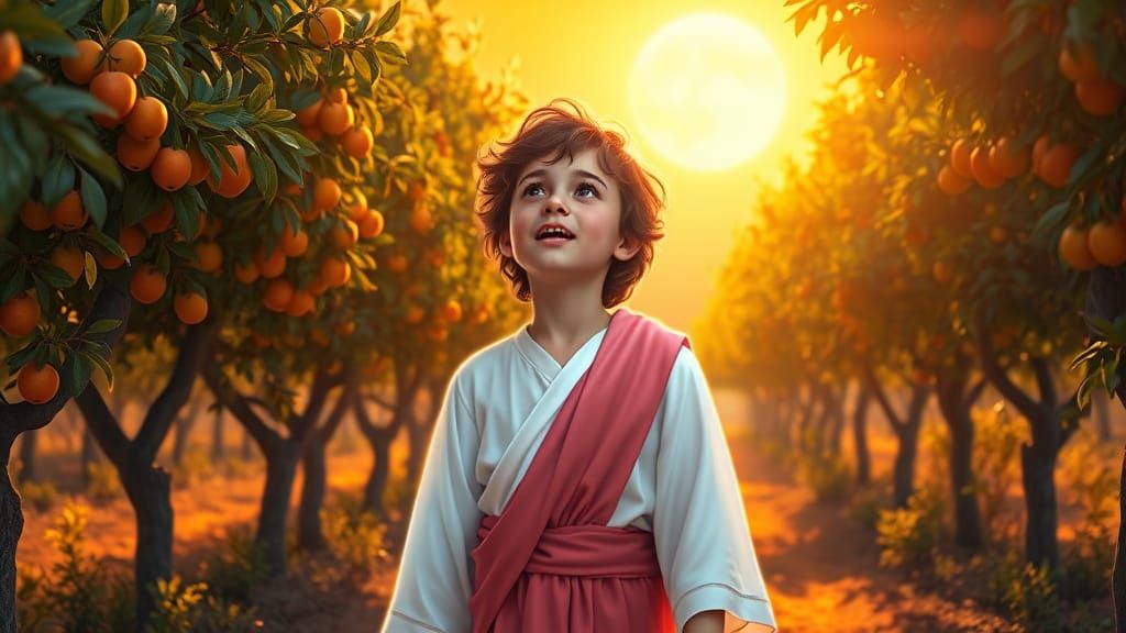 Surreal Jesus in Neon Robes Walks Ancient Orchard