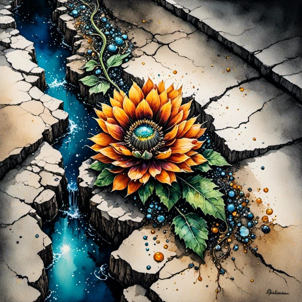 Sidewalk Flower in Water Ink and Ferrofluid Style