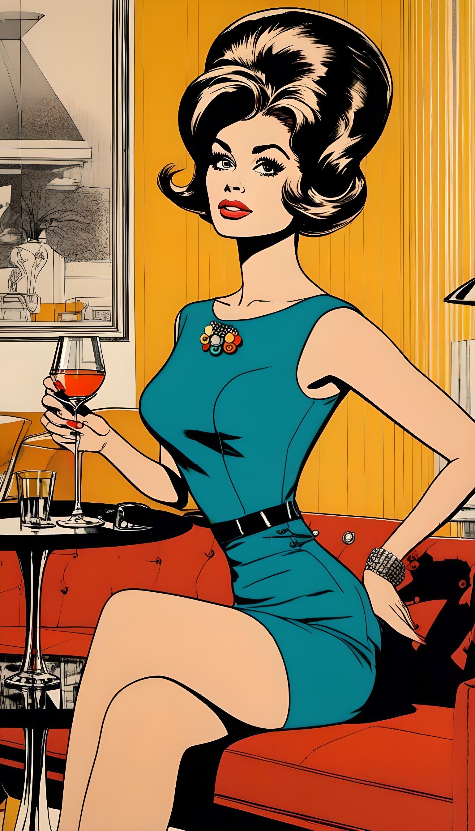 Vintage Woman Sipping Cocktail in Retro Living Room