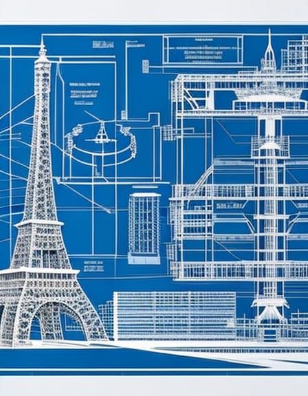 Eiffel Tower Exploded Schematic in Sci-Fi Style