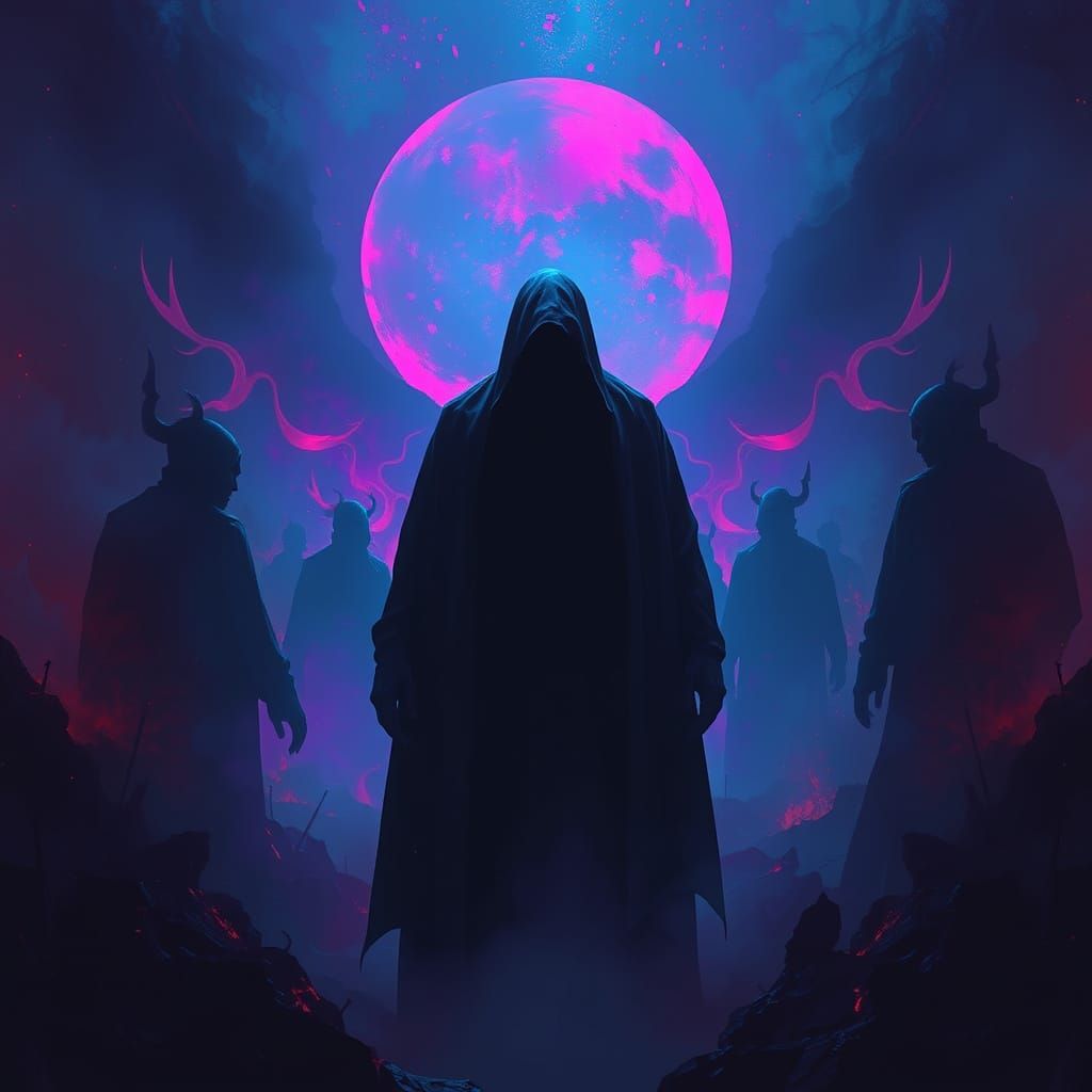 Mystical Figure in Neon Landscape