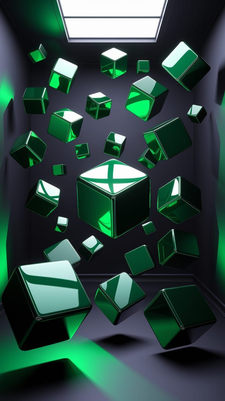 Ethereal Green Cubes in a Shadowy Room