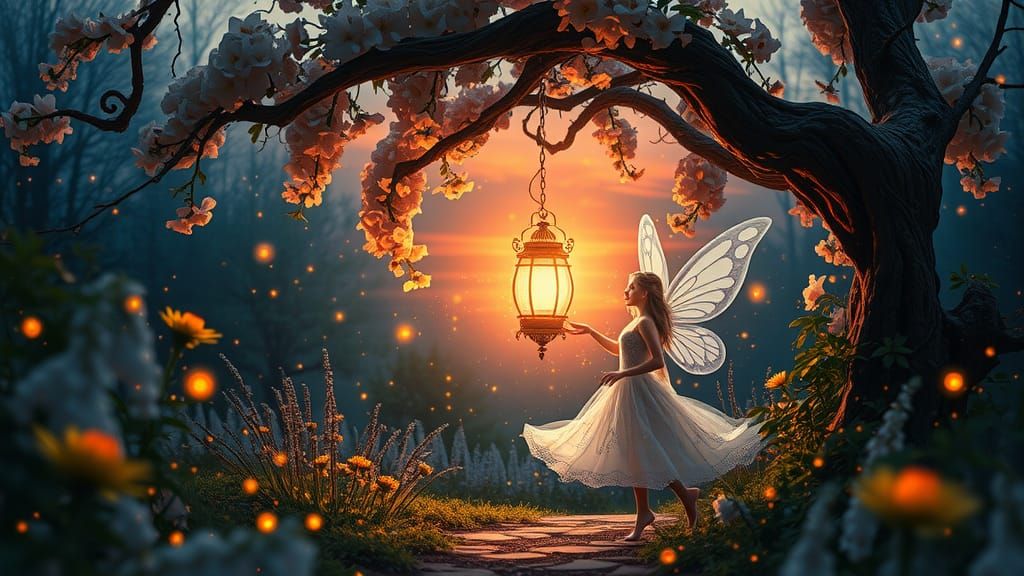 Faerie in Luminous Enchanted Garden at Sunset