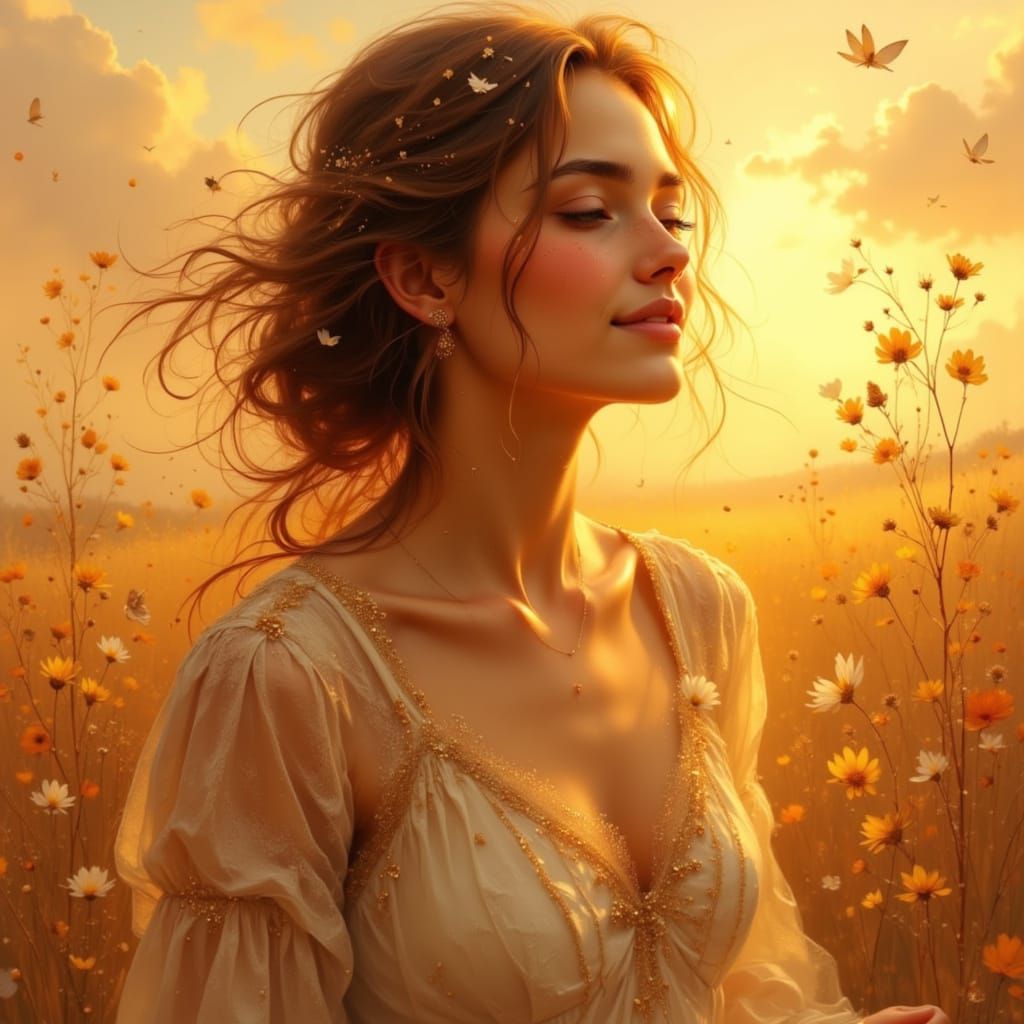 Golden Hour Portrait of a Smiling Woman in Romantic Impressi...