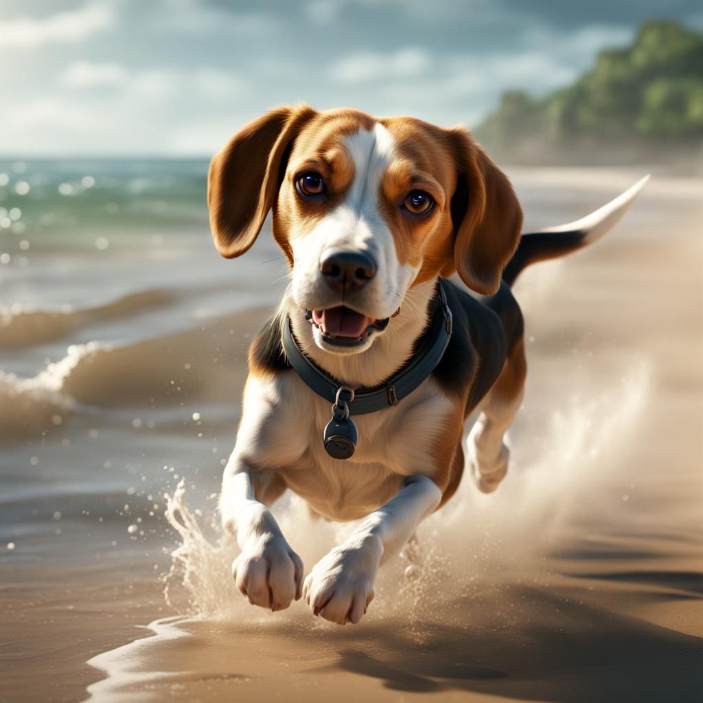 Beagle Runs on Beach: Detailed Matte Painting