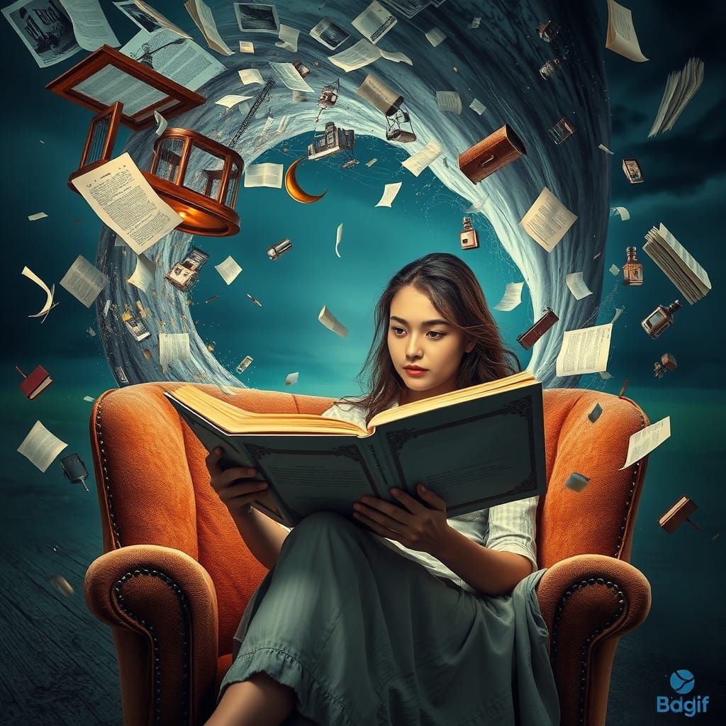 Surreal Woman Reads in Tornado's Fury