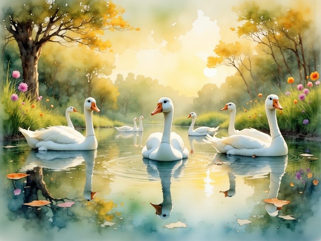 Geese in Pond Watercolour Painting