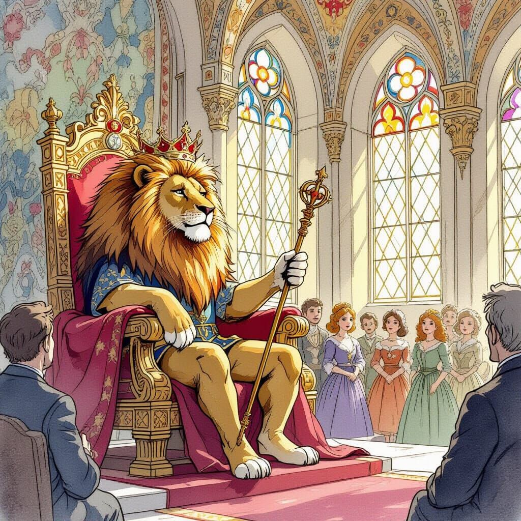 Lion King on Throne in Beatrix Potter Style