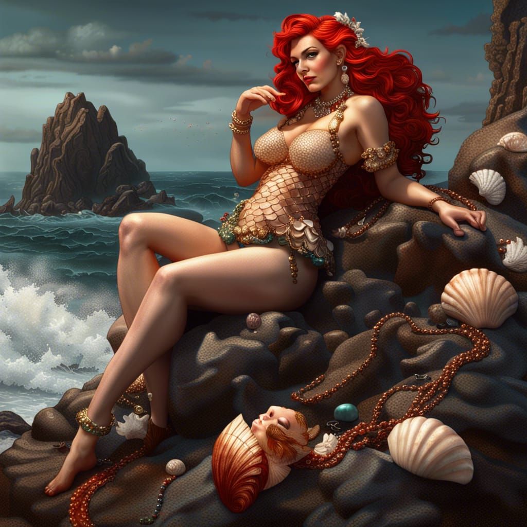 Red-Haired Mermaid Pinup in Fantasy Art Style