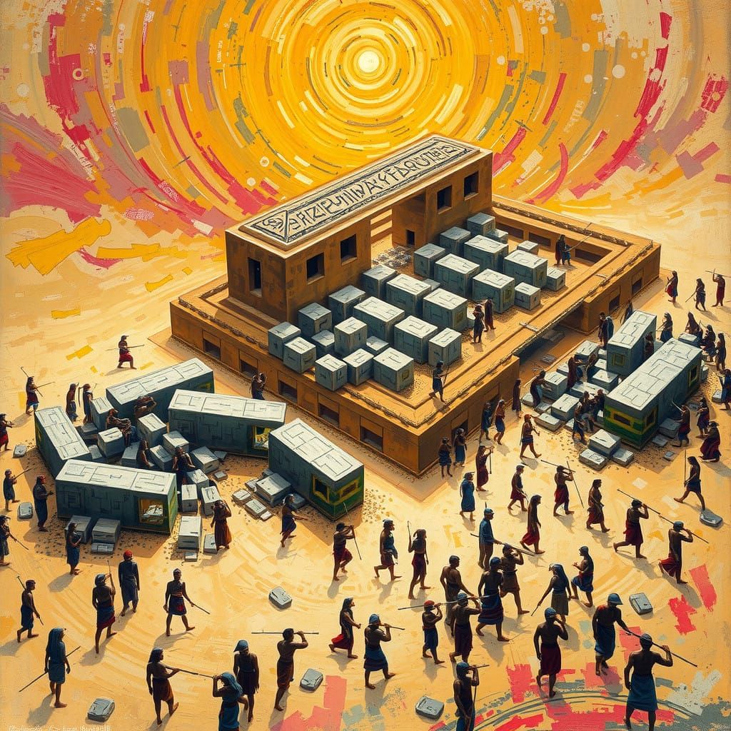 Ancient Pyramid Construction Site in Neo-Impressionist Style...