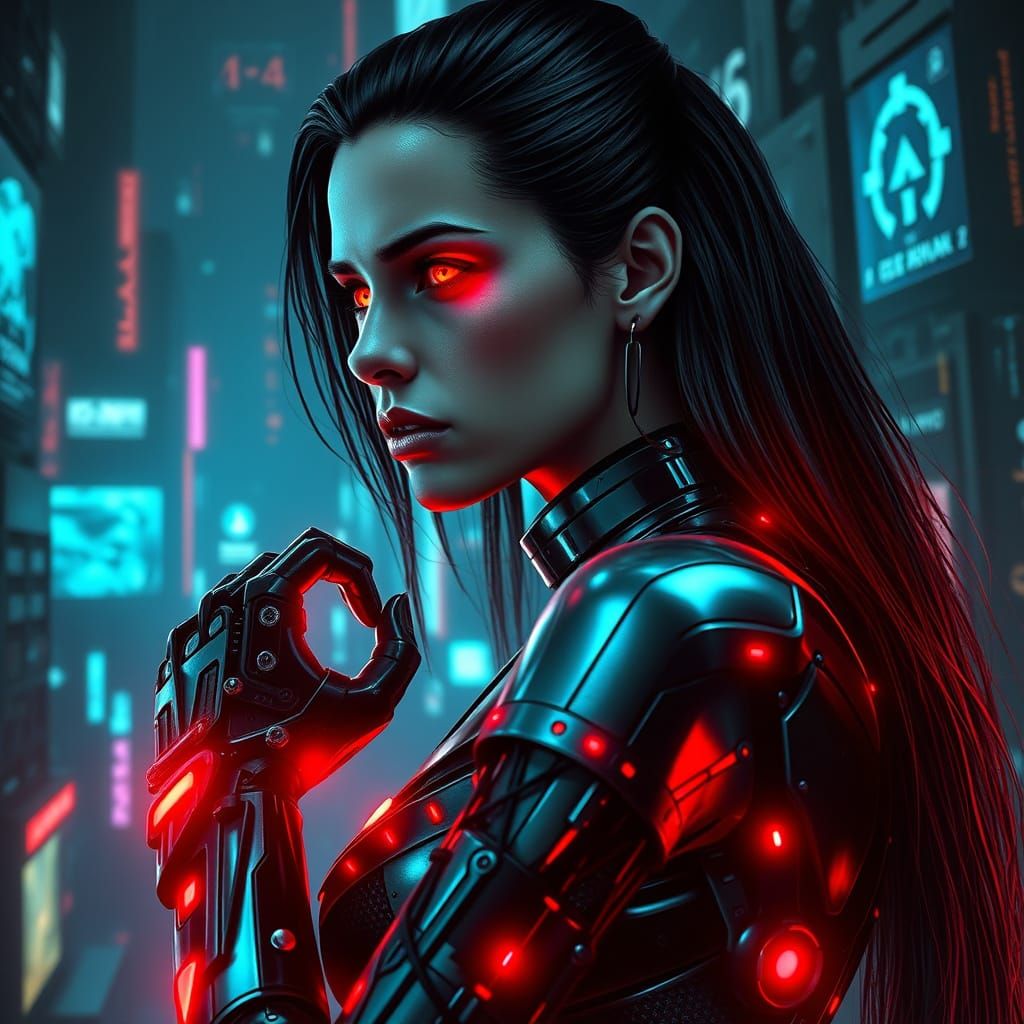 Cyberpunk Goddess in Metallic Exosuit with Glowing Red Eye