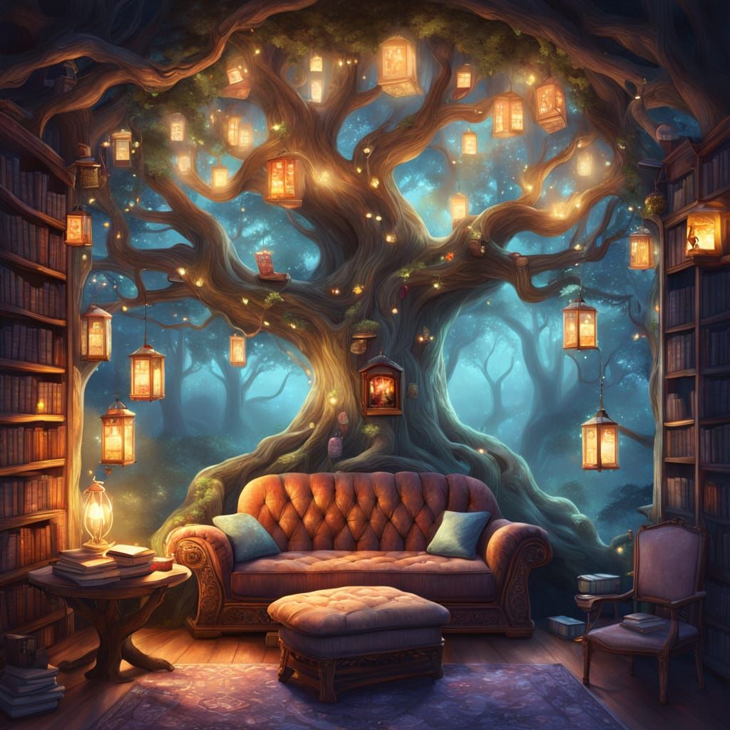 Cozy Reading Nook in Ancient Tree: Digital Art