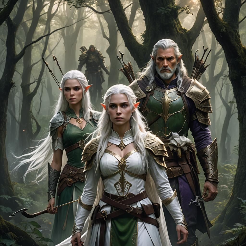 Elven Woman and Ranger in Misty Forest, in Art Nouveau Style
