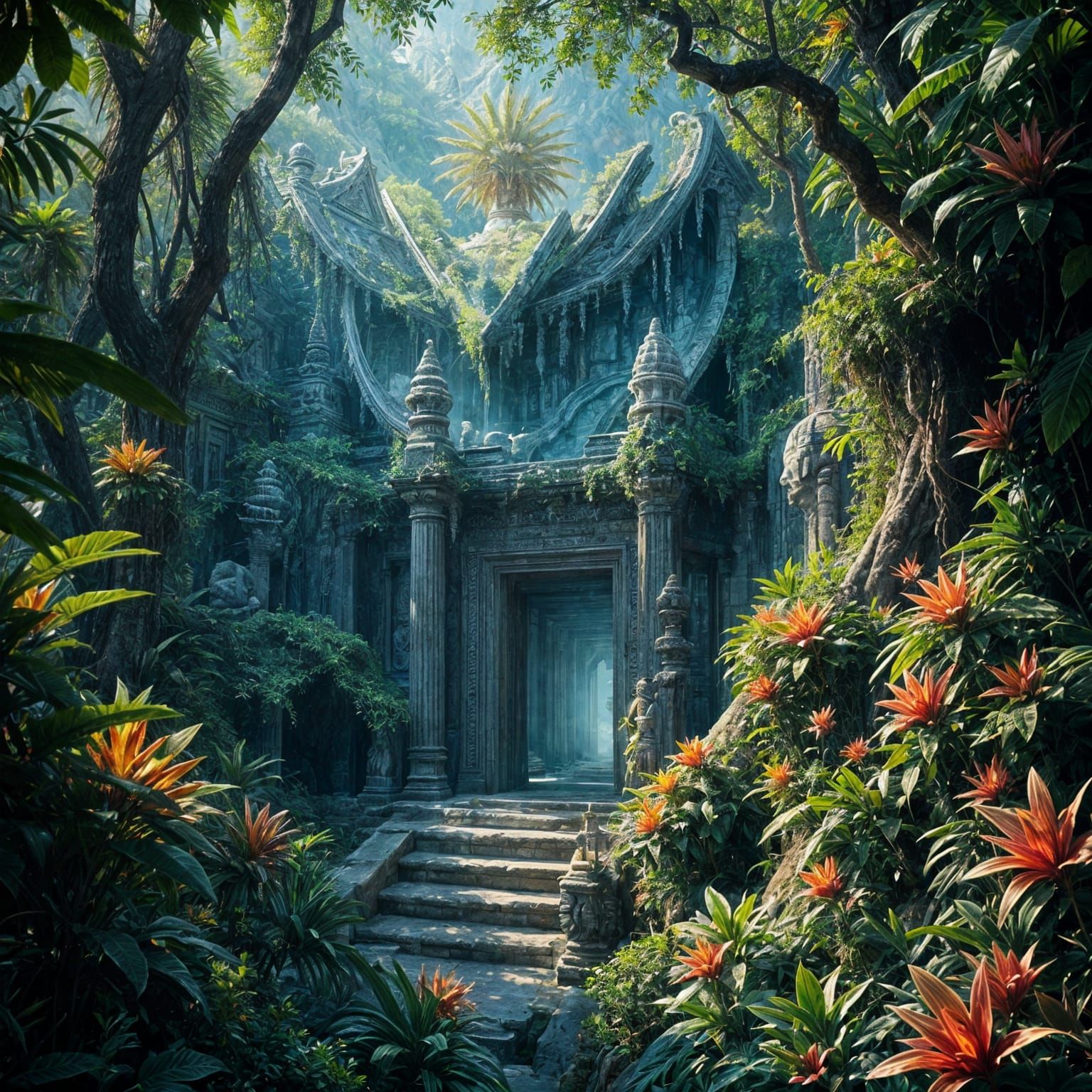 Hyperrealistic Crystal Temple in Jungle