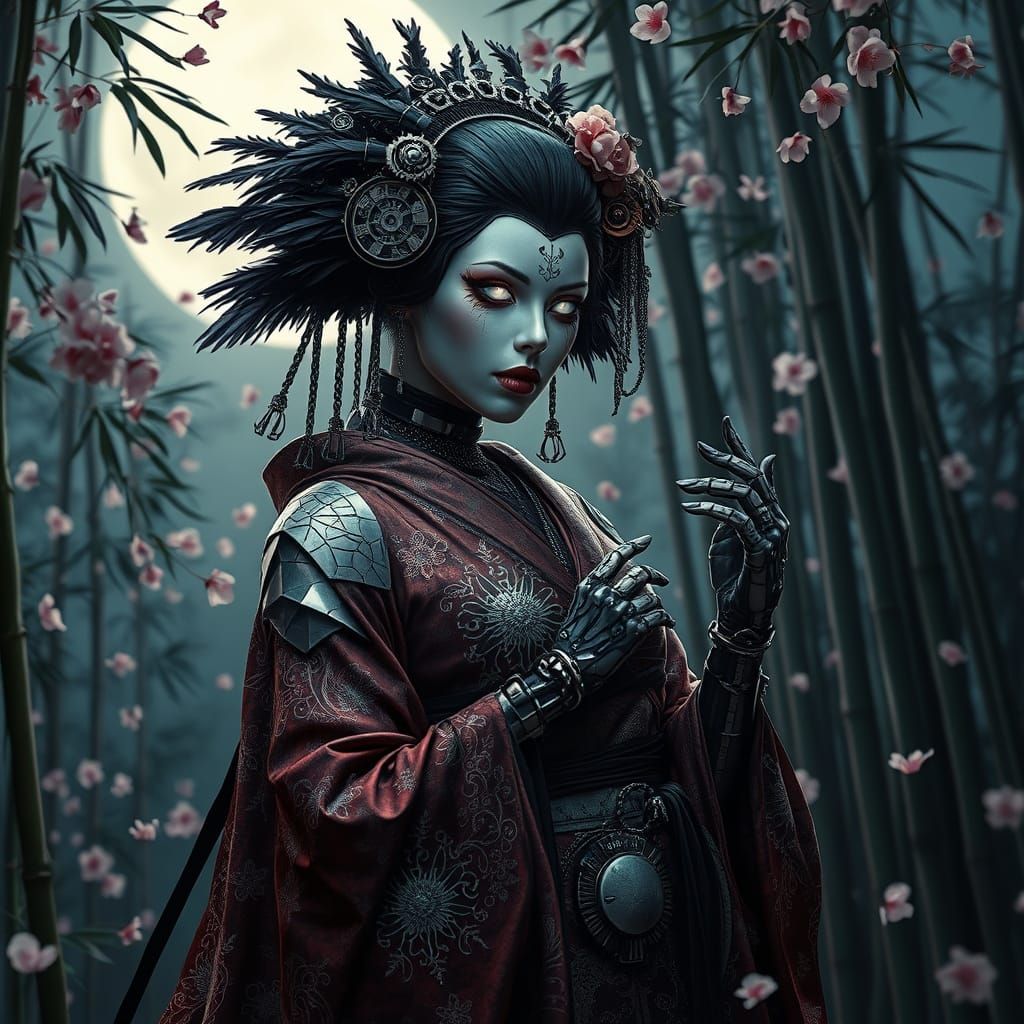 Gothic Cyborg Geisha in Moonlit Bamboo Garden