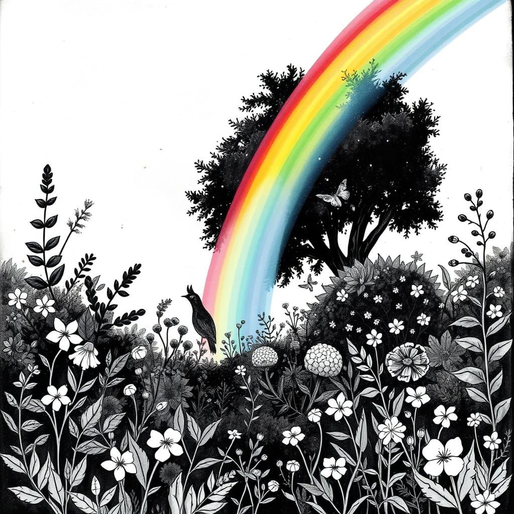 Whimsical Garden Scene with Iridescent Rainbow