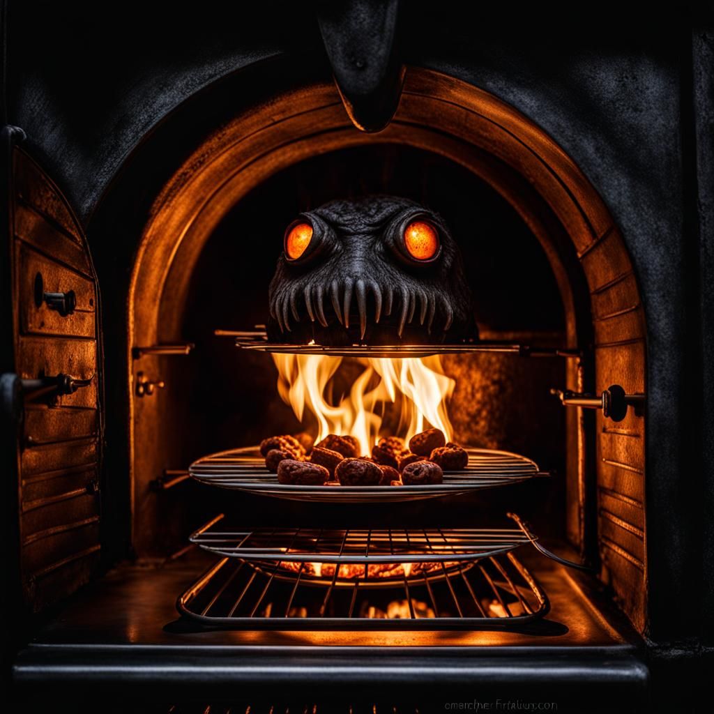 Sinister Gas Oven Monster in Dark Kitchen