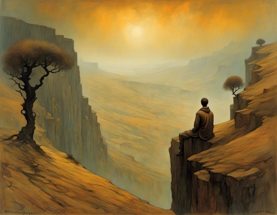 Man on Cliff: Surreal Ink and Watercolor Landscape