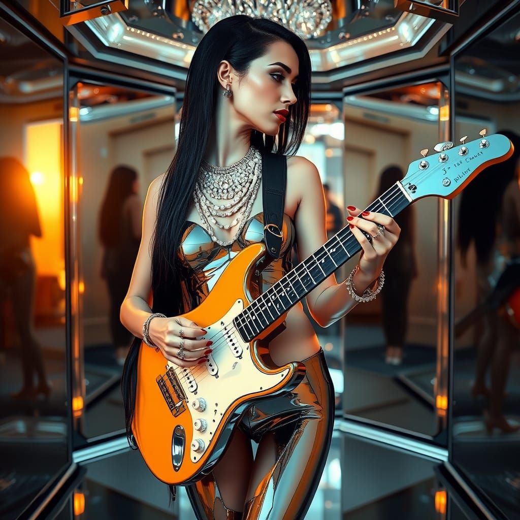 Futuristic Guitarist in Mirror Room