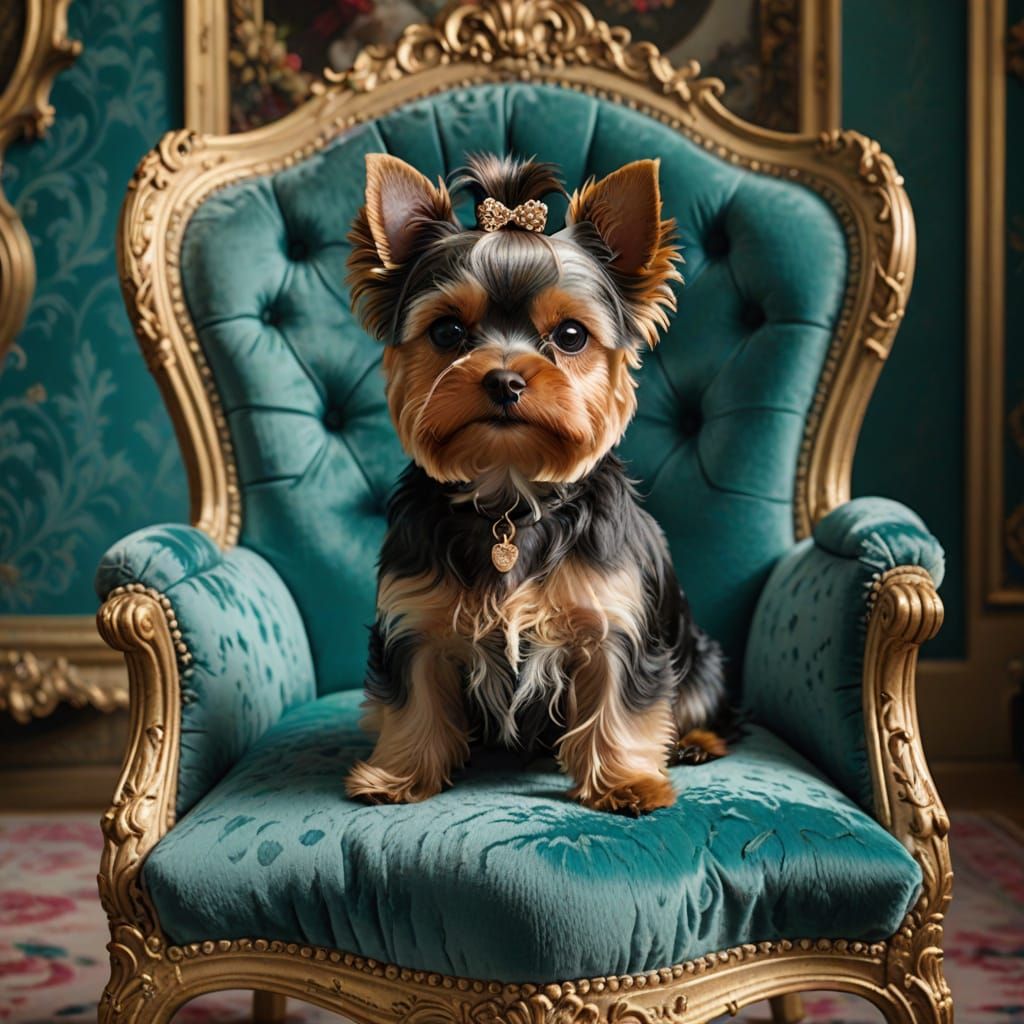 Surreal Baroque Boudoir with Tiny Yorkie in Elegant Teal Set...