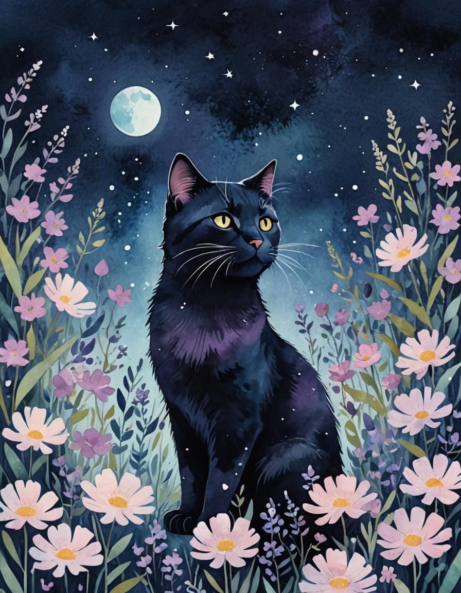 Cat in Purple Flowers, Whimsical Flat Illustration