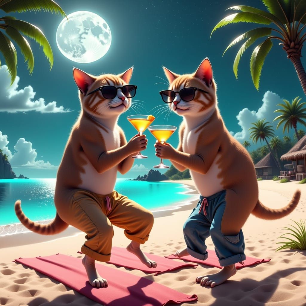Golden Age Whimsy: Two Cats Dance Under the Moonlit Sky