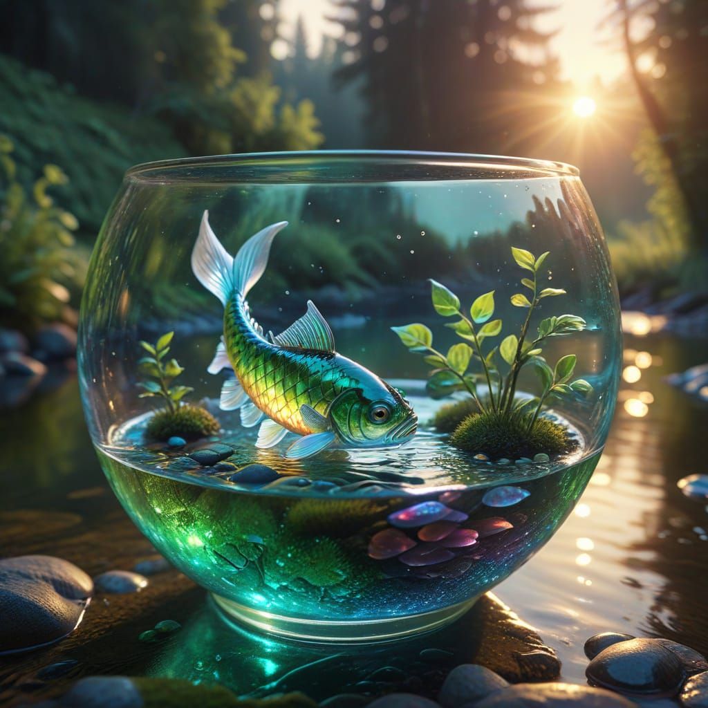Glass Fish in Gnome's Hands: Surreal Fantasy Art