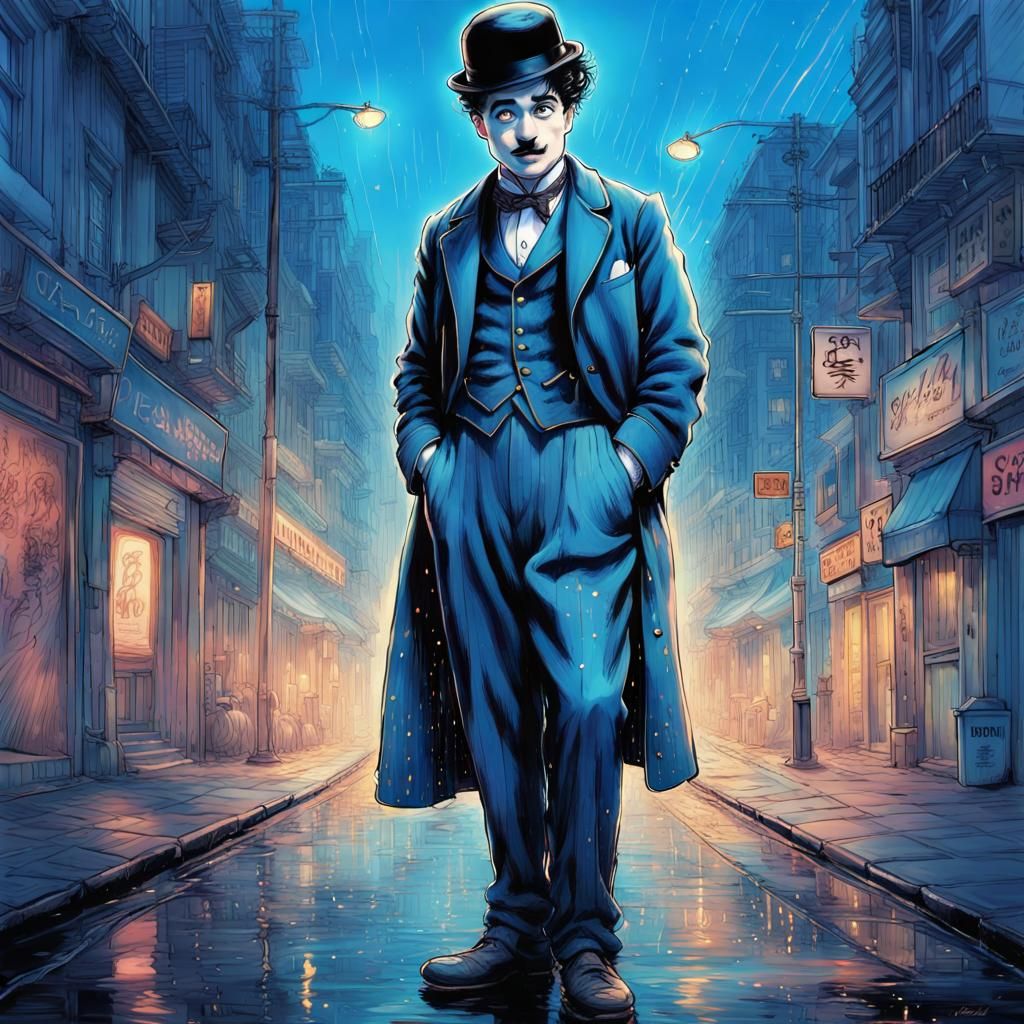 Anime Portrait of Charlie Chaplin in Neon Cityscape