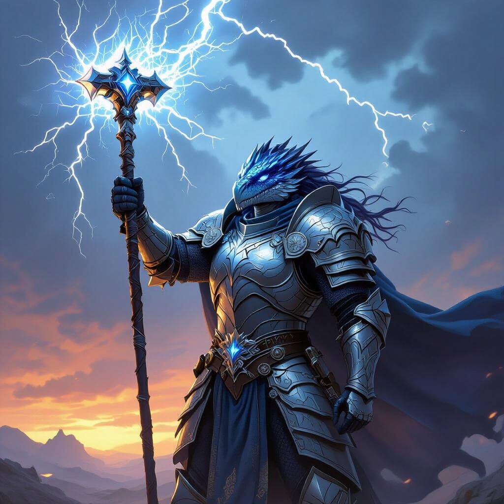 Regal Dragonborn Paladin in Stormy Sky