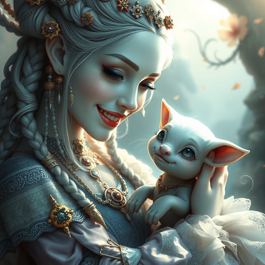 Ethereal Woman with Creature in Mystical Portrait