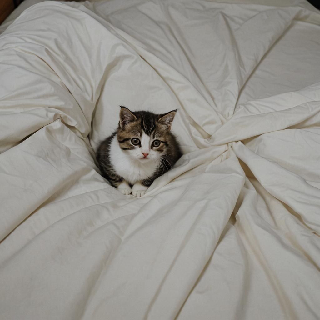 Small Cat Relaxing Comfortably on a Bed