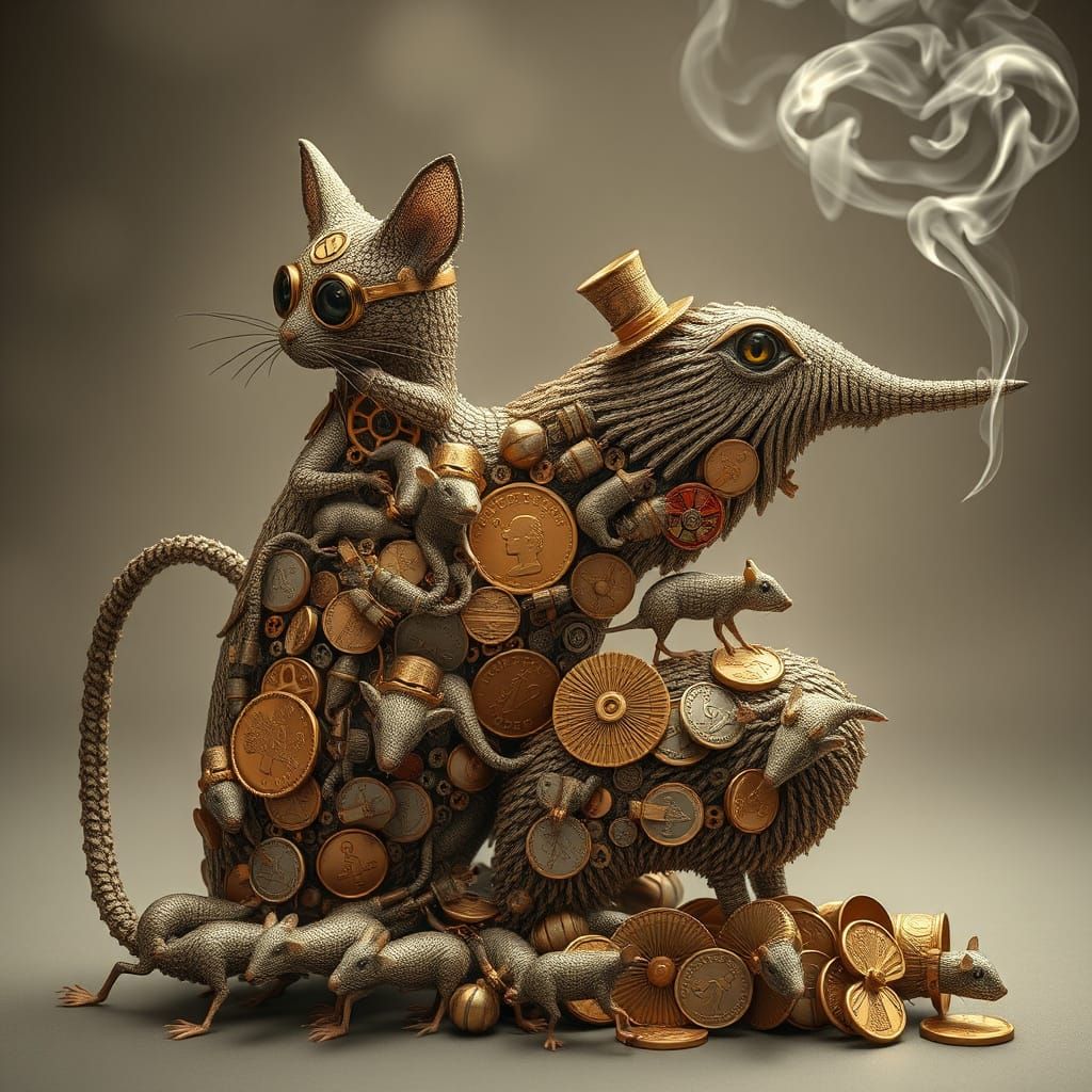 Steampunk Cat Made of Intricately Interwoven Mice and Tiny S...