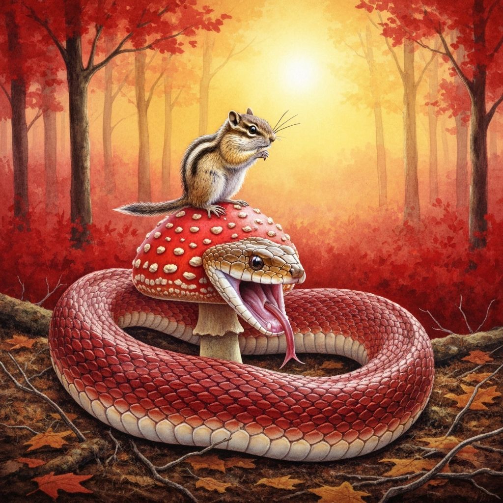 Snake Attacks Chipmunk in Breathtaking Autumn Watercolor