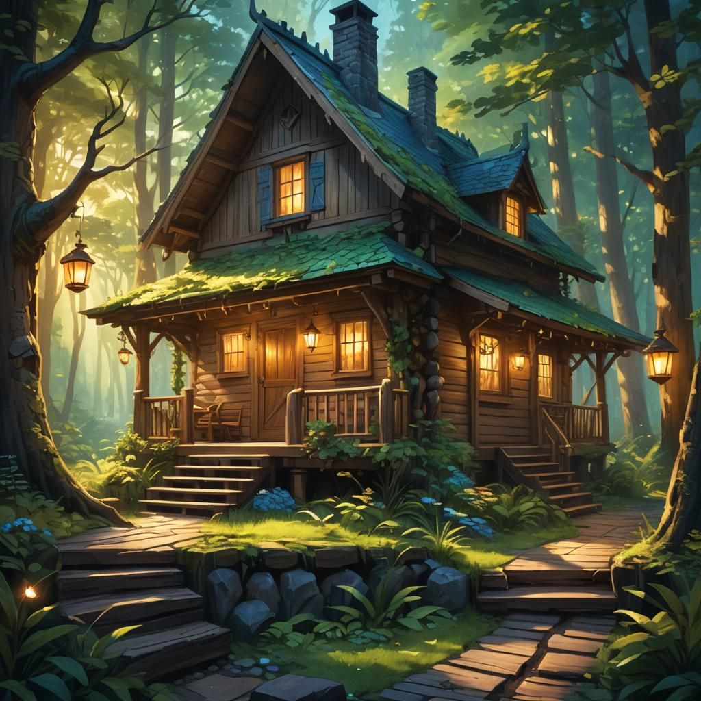 Cabin in Lush Forest: Digital Matte Painting