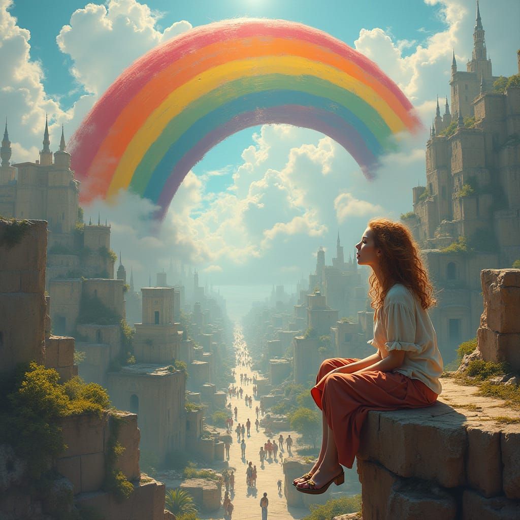 Enchanted Woman Sees World from Rainbow Vantage