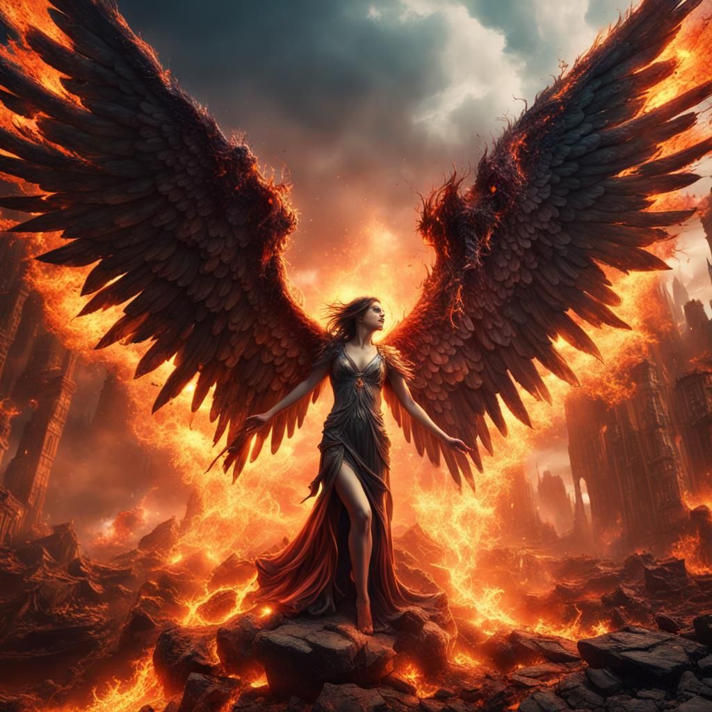 Fallen Angel with Burning Wings Art