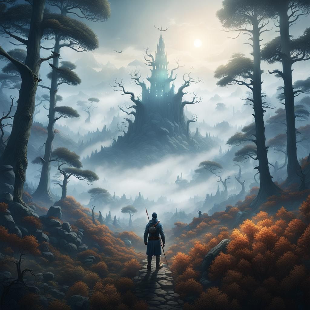 Fog-Shrouded Forest: Adventurer's Path into the Unknown