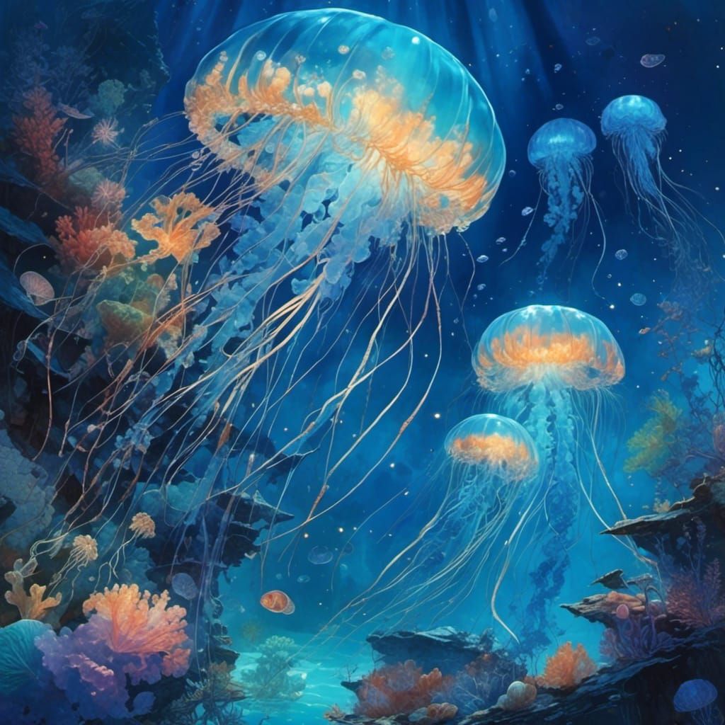 <lora:eye:1.0> Brilliant blue glowing translucent jellyfish radiating soft blue irredescent glow around the Reef. Moonli...