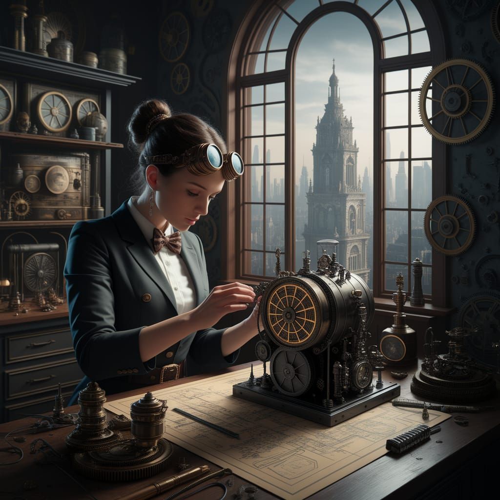 Steampunk Inventor in Workshop Illustration
