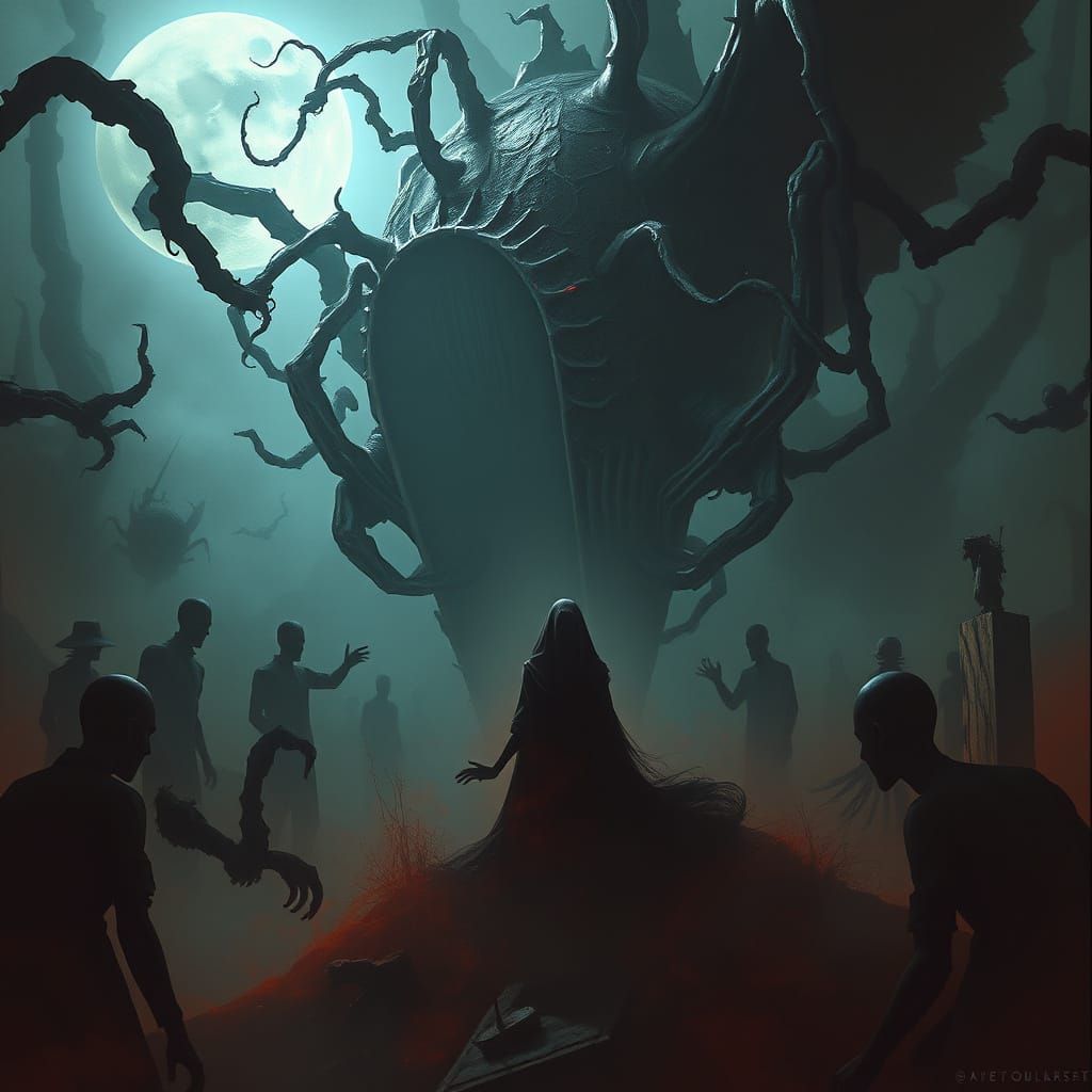 Haunting Dreamscape with Dark Figure in Giger Style