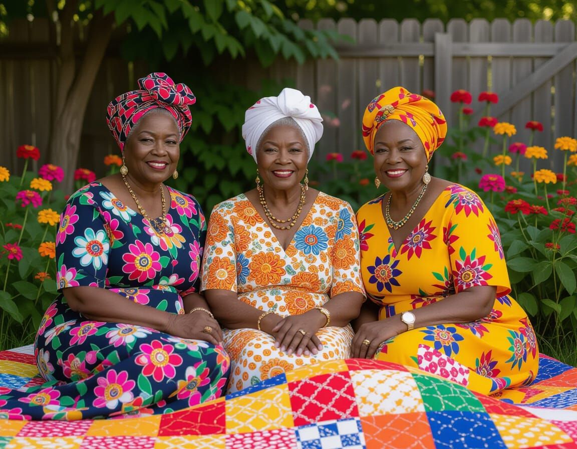 Black Women on Quilt in Folk Art Collage Style